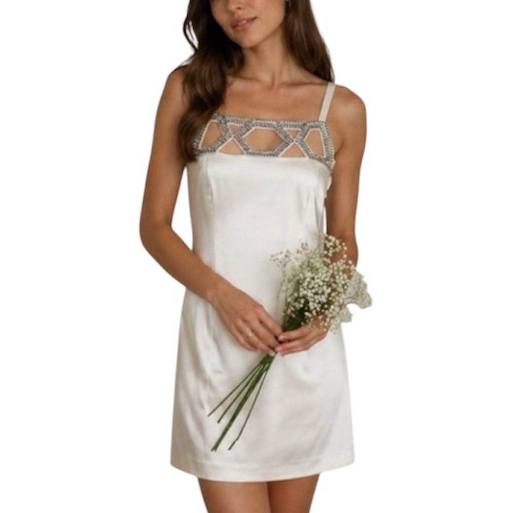 Laundry by Shelli Segal Ivory Sleeveless Dress with Crystal Beaded Neckline, 6